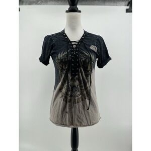 Affliction Lace T-Shirt Women's Small Y2K Tie-Dye Scull Death Metal Goth Grunge